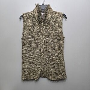 Charter Club Sweater Vest Womens P/M Tan Brown Tan Faux Fur Collar Knit Zip